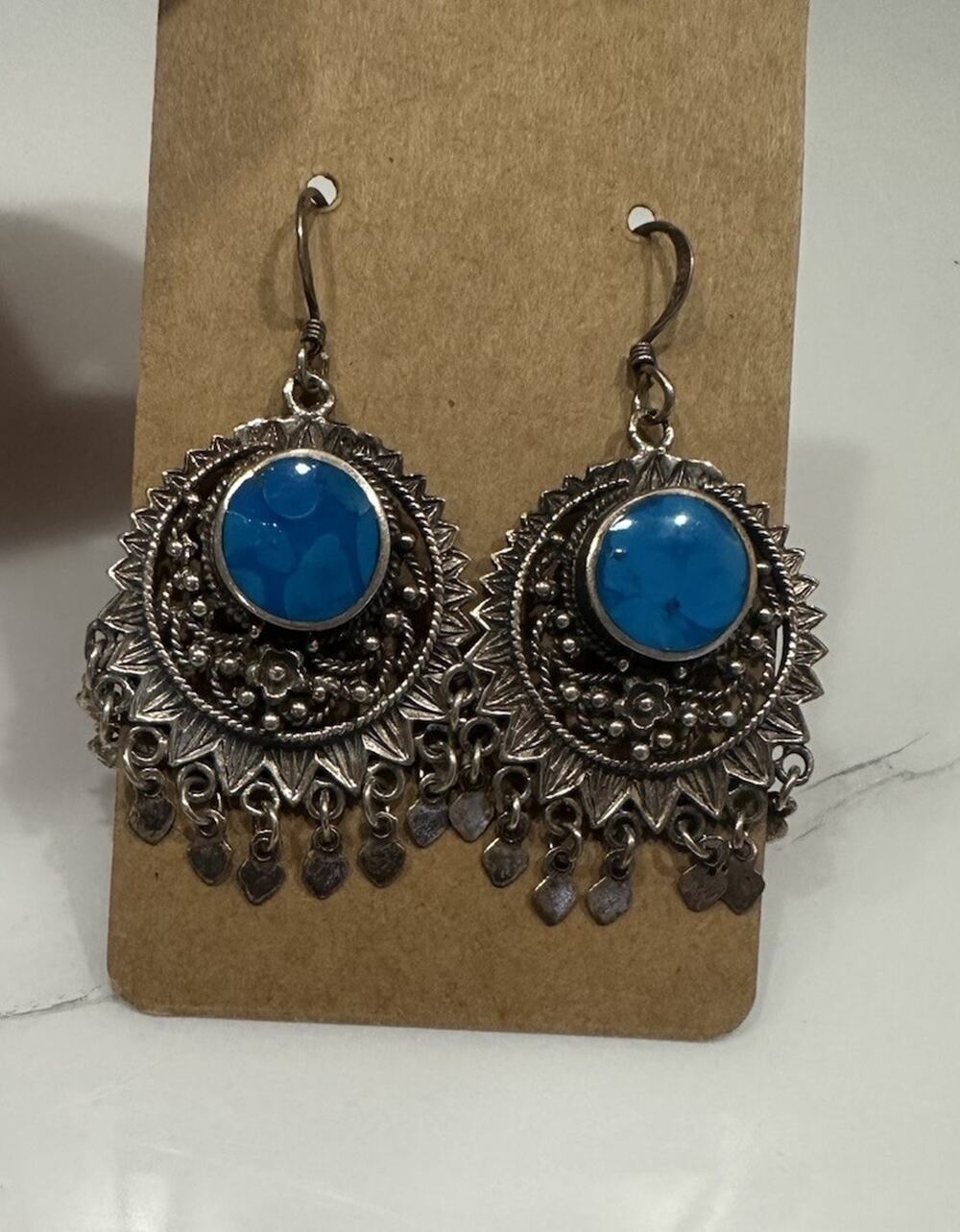 VTG Afghan Kuchi Style Tribal Pendant Blue Glass Jingle Dangles Marked 925 SS